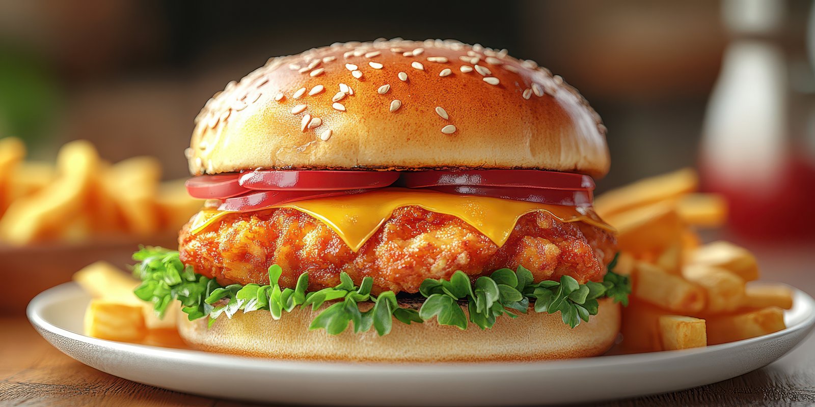 Tasty crispy chicken burger with melted cheese and fresh vegetables served with golden fries